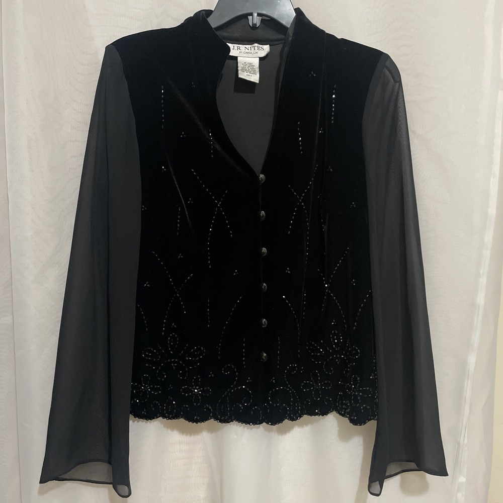 J.R. Nites Carol‎ Lin Womens 8 Evening Velour Shirt Black Lace Sheer Sleeves